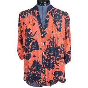 Vintage Trinity 100% Silk Blouse Small Sheer Red Black Print Top 3/4 Sleeve Sz S